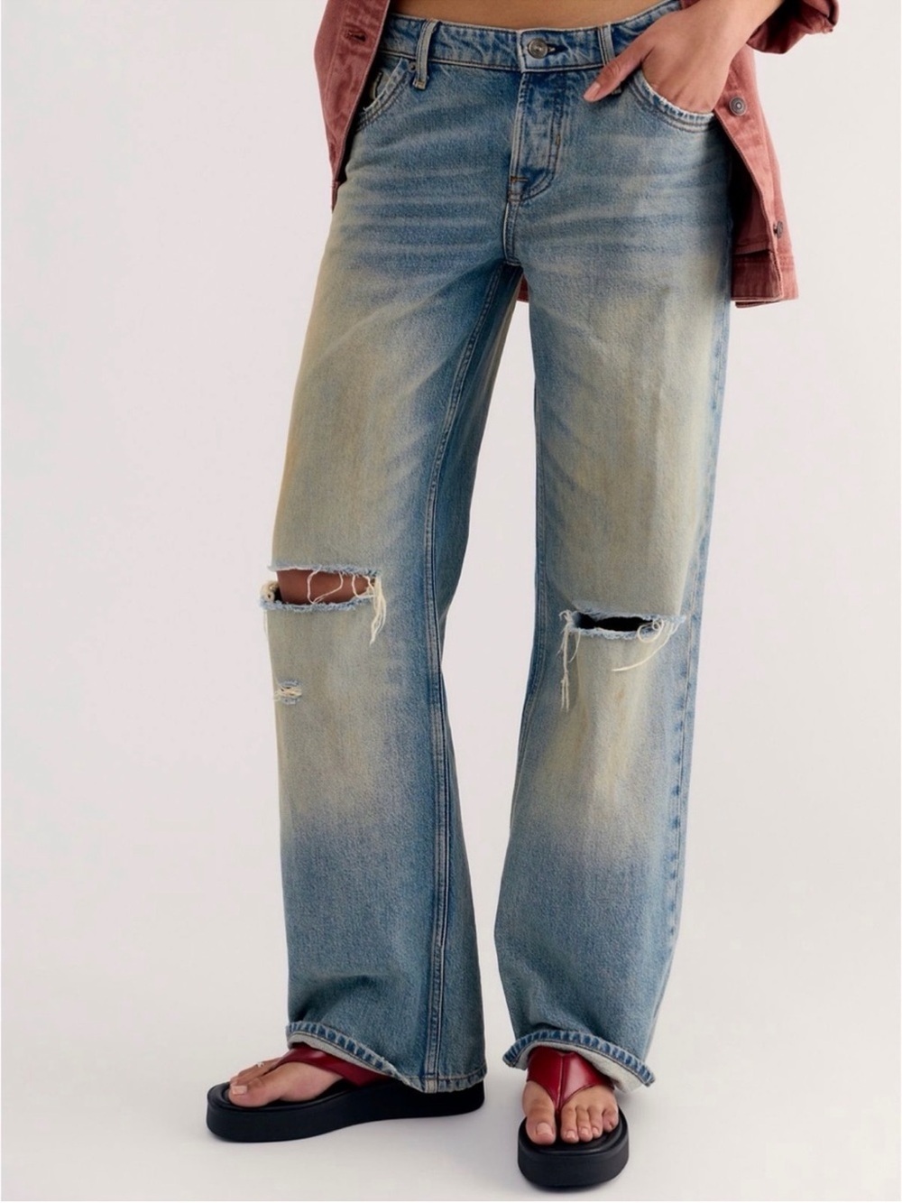 We The Free Straight-Leg Distressed Jeans in Washed Blue Tennessee jeans